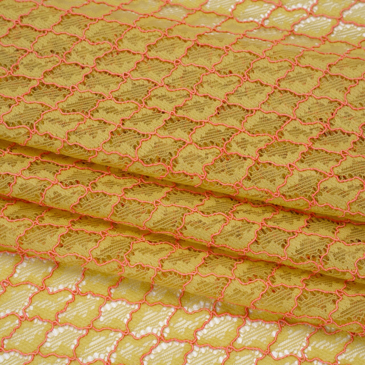 1 Yard Chartreuse Confetti Pink Corded Lace Fabric Diamond Lattice Eyelash Edge Sheer 50 Inch Width